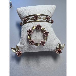 3pc Krementz Gilded Jewelry Set: Gold Cuff, Brooch,/Pin, Clip Earrings